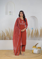 Rust Red Printed Salwar Suit & Dupatta