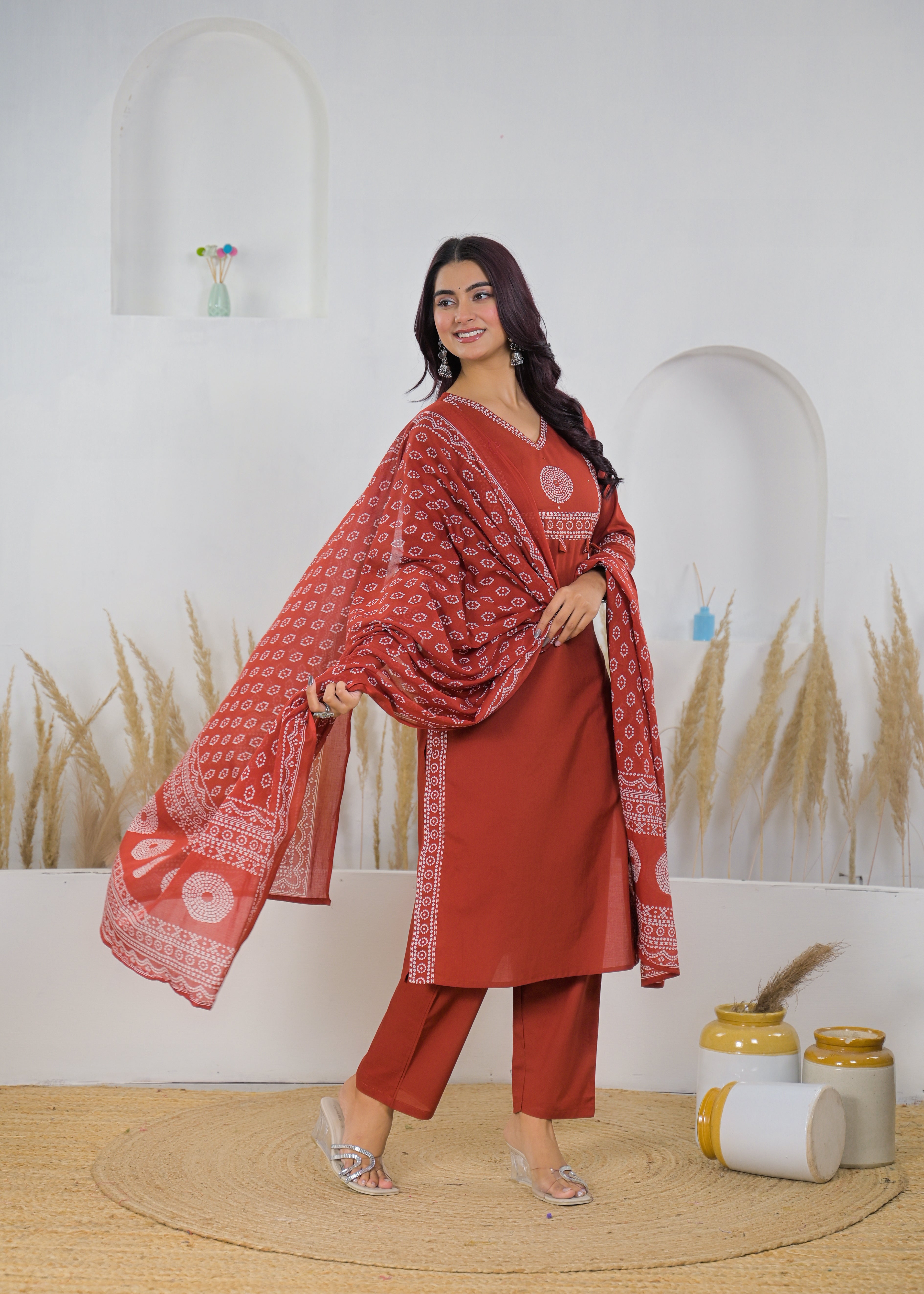 Rust Red Printed Salwar Suit & Dupatta