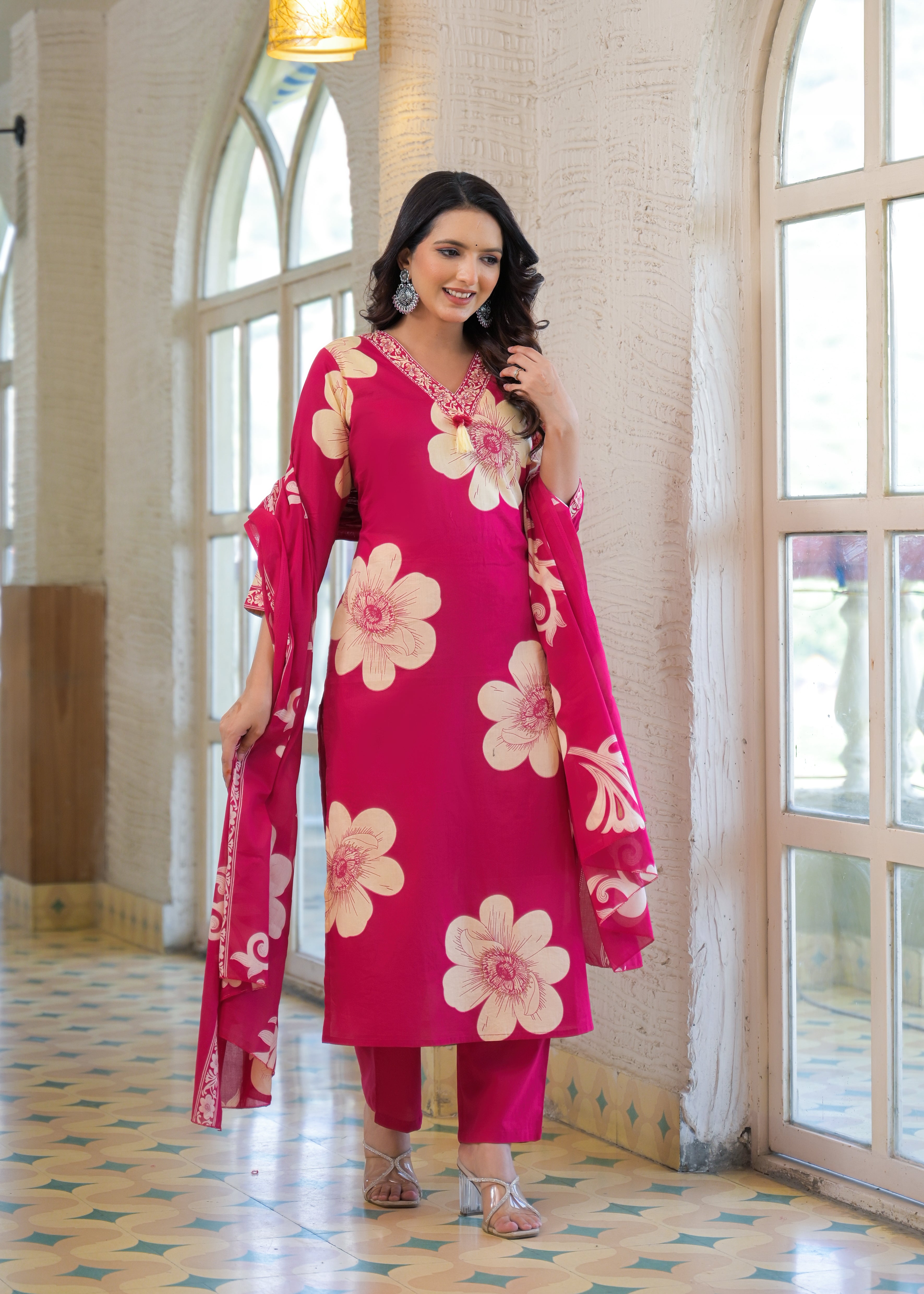 Rose Pink Floral Printed Kurta Set with Dupatta
