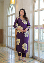 Elegant Purple Floral Printed Kurta Set