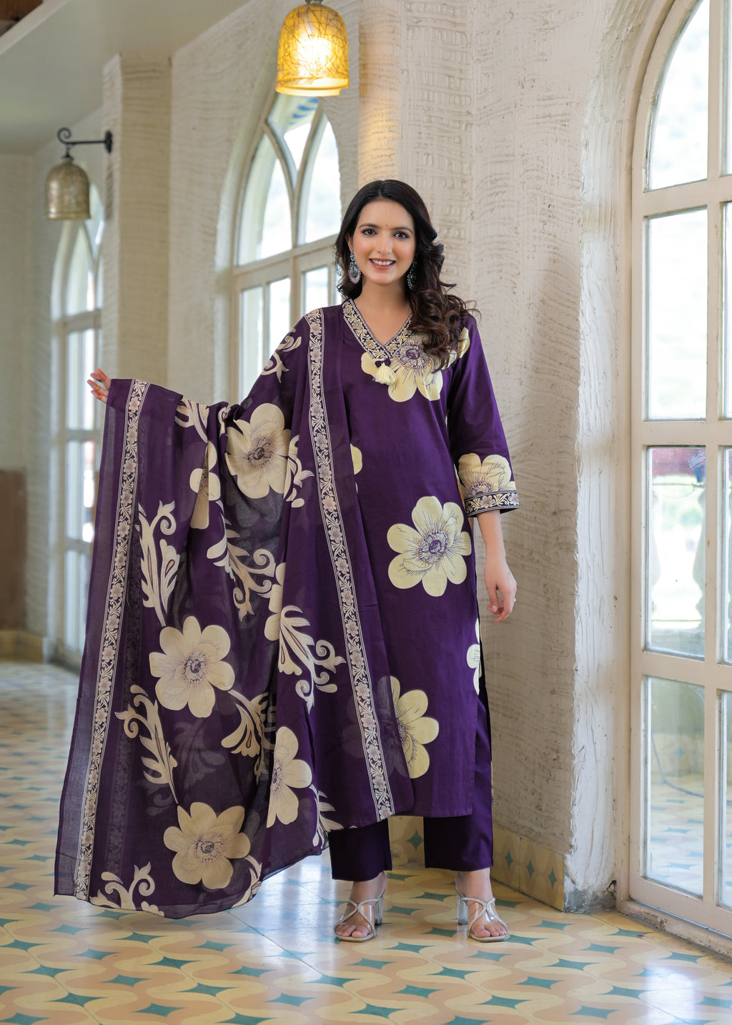 Elegant Purple Floral Printed Kurta Set