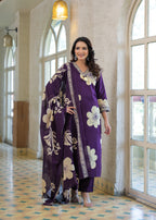 Elegant Purple Floral Printed Kurta Set
