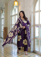 Elegant Purple Floral Printed Kurta Set