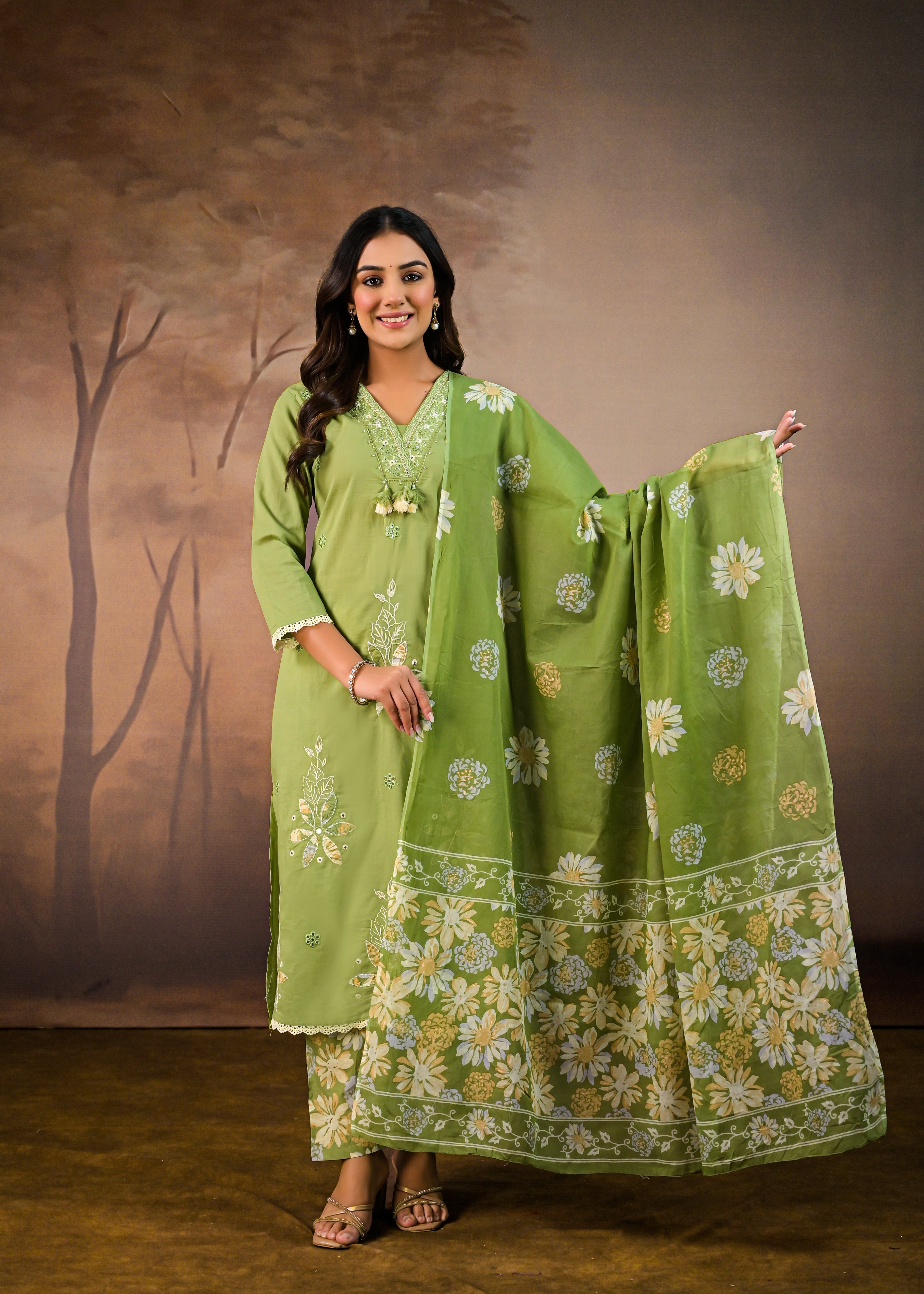 Green Elegant Floral Embroidered  Salwar Suit Set
