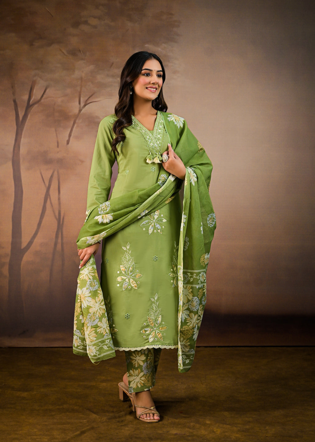 Green Elegant Floral Embroidered  Salwar Suit Set