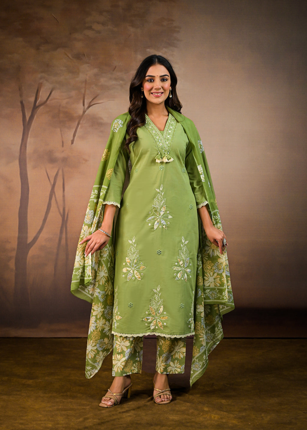 Green Elegant Floral Embroidered  Salwar Suit Set