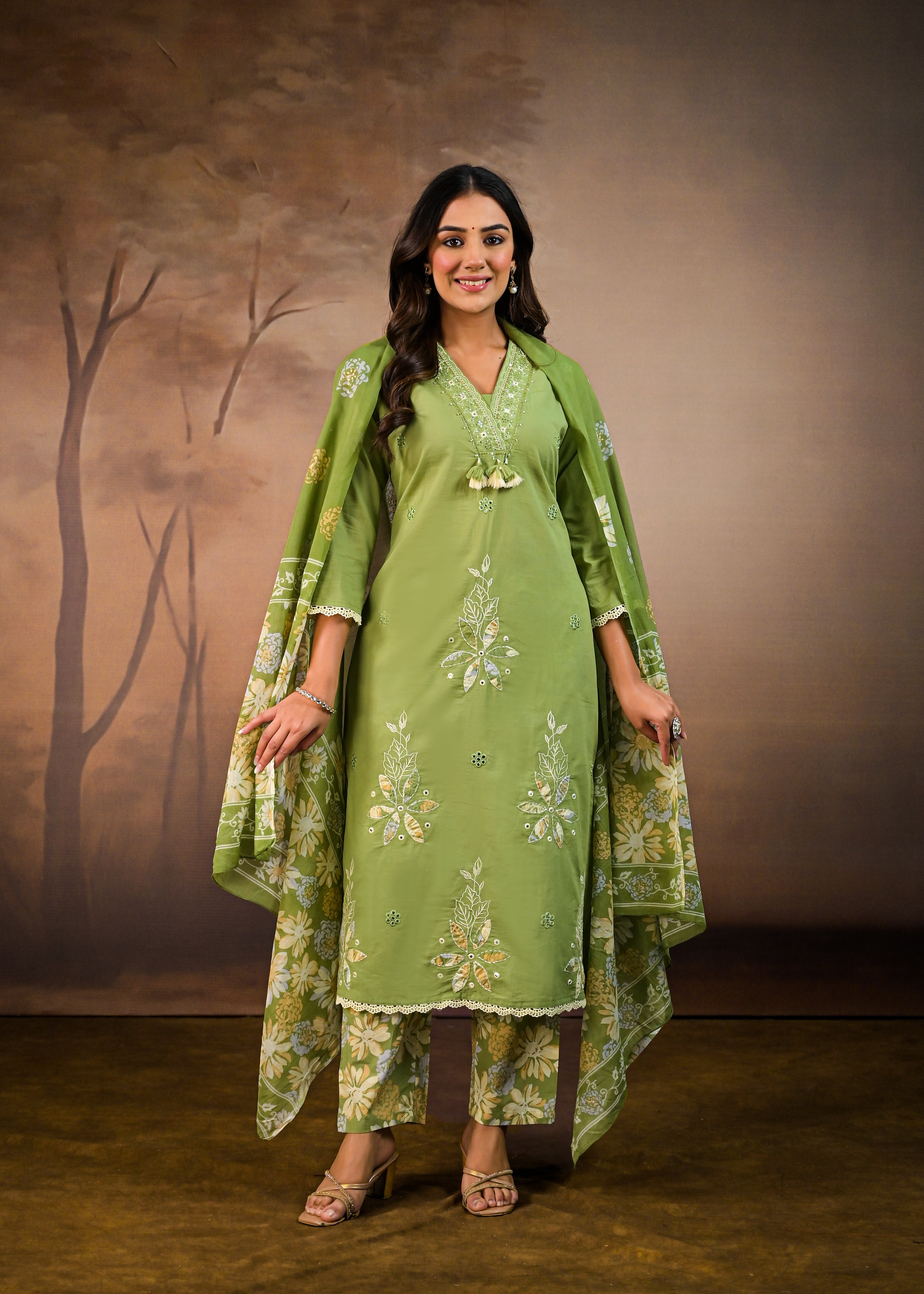 Green Elegant Floral Embroidered  Salwar Suit Set