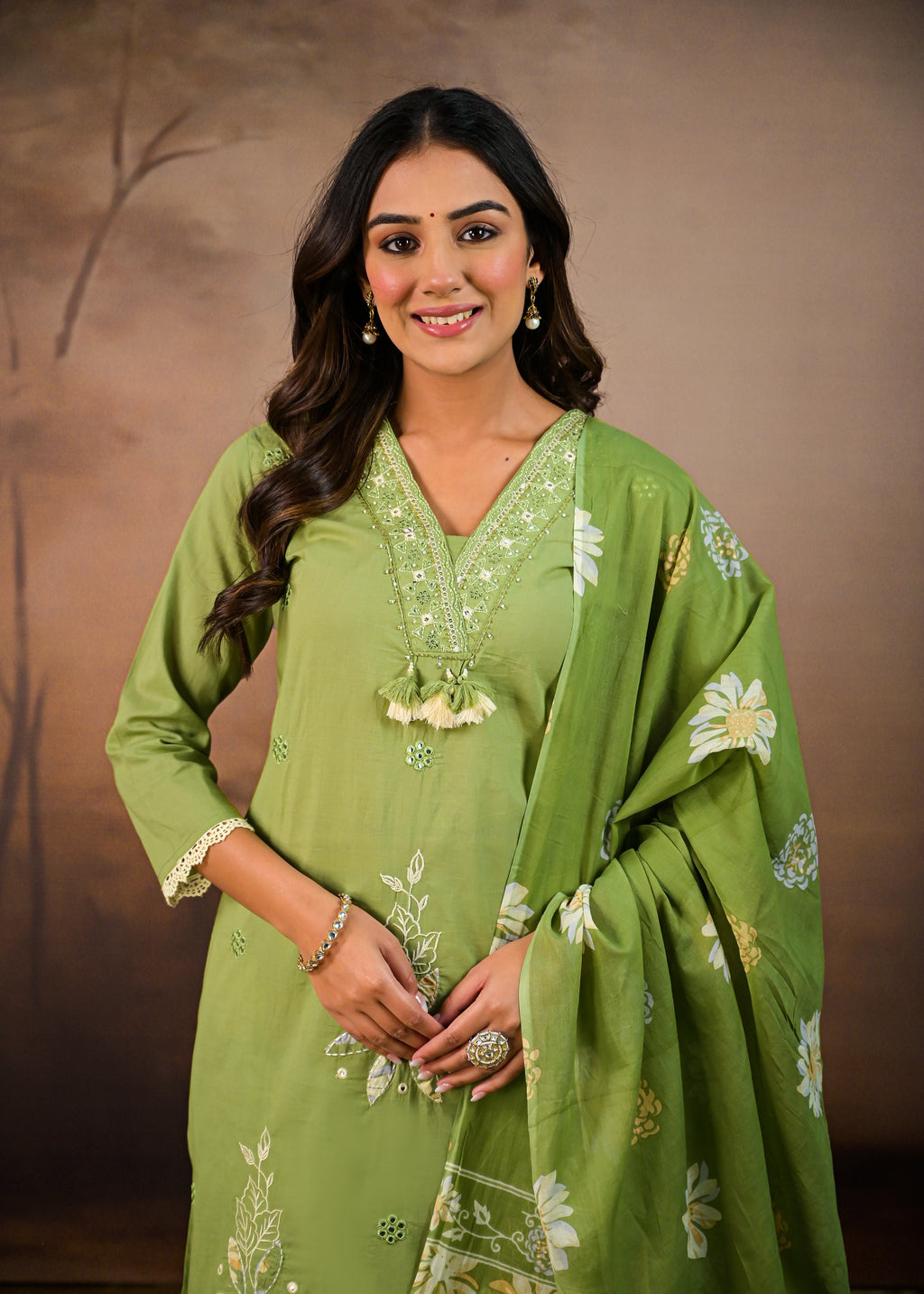 Green Elegant Floral Embroidered  Salwar Suit Set