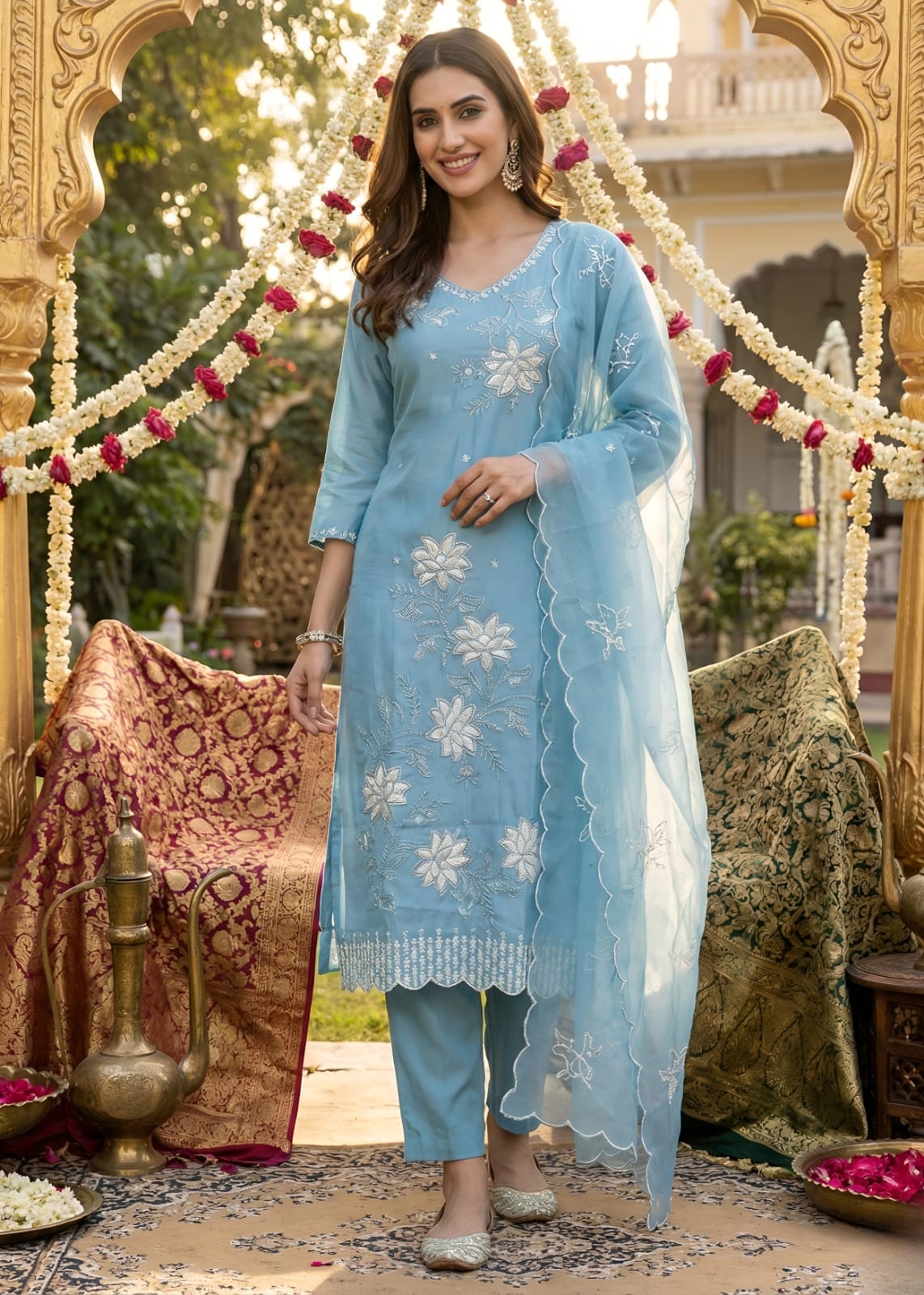 SKY BLUE EMBROIDERED KURTI SET