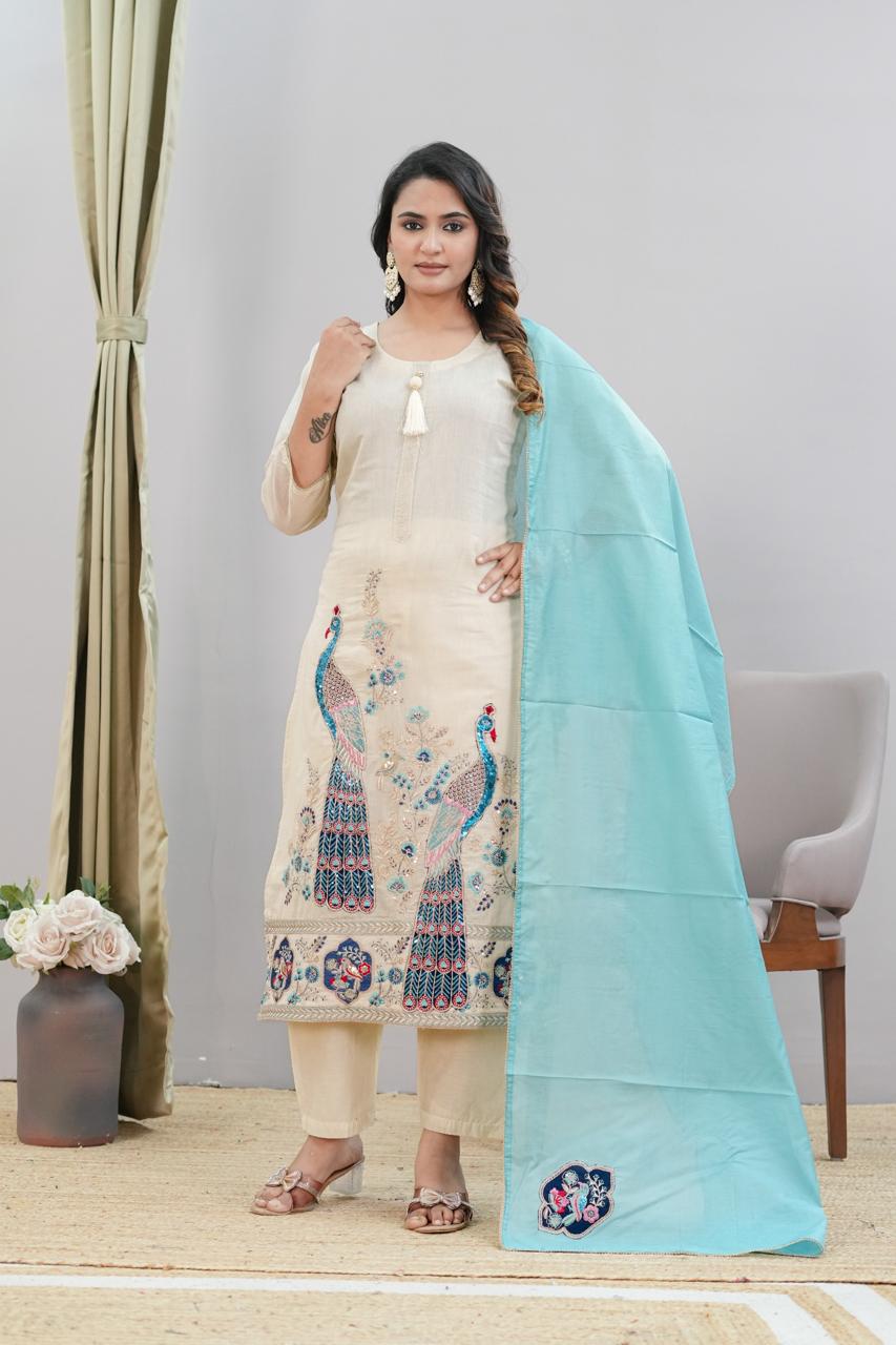 CREAM PRINTED KURTI SET