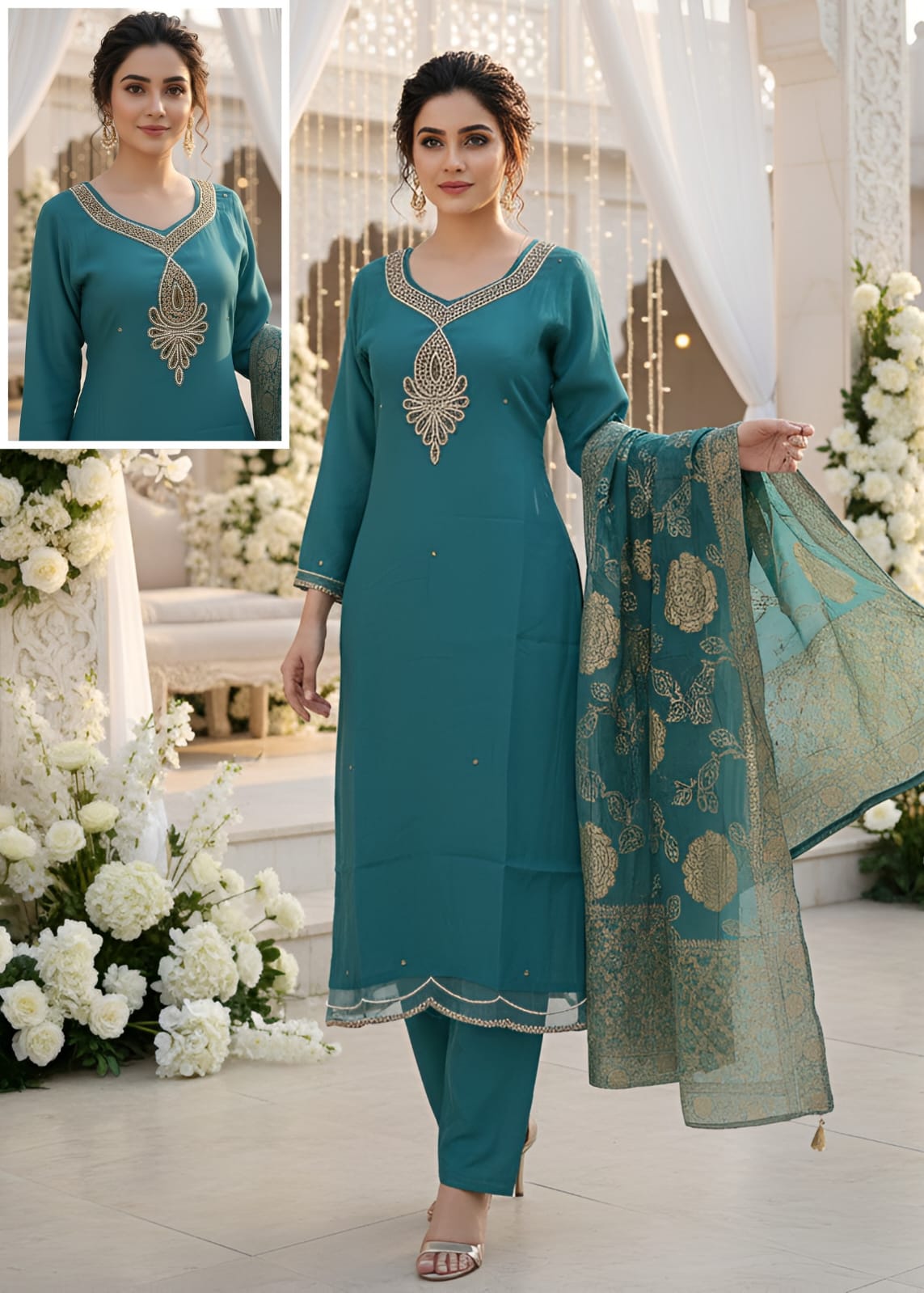 RAMA BLUE  EMBROIDERED KURTI SET