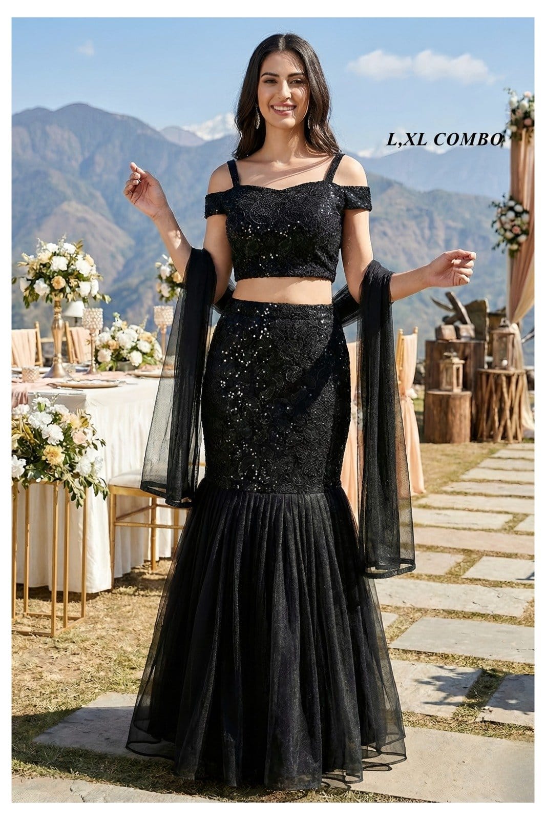 BLACK FISH CUT CROP TOP SET