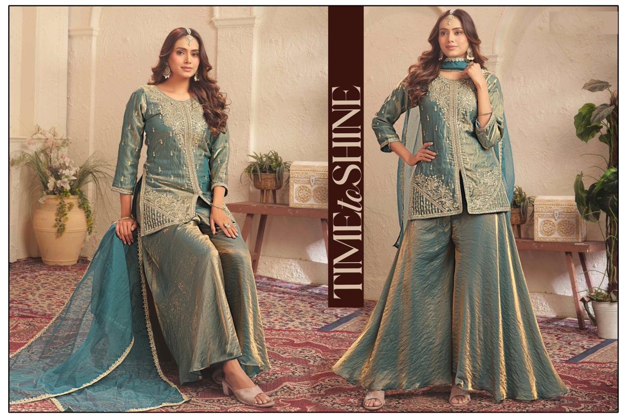 TEAL GREEN KURTI SHARARA SET GOLD ACCENT