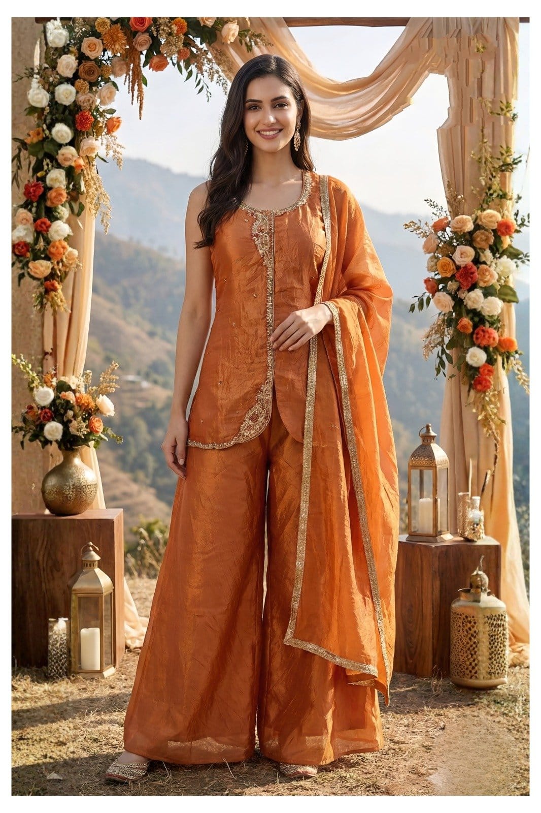 ORANGE  EMBROIDERED KURTI PLAZO SET