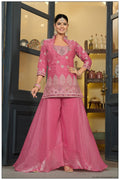 ROSE PINK EMBROIDERED SHORT KURTI SHARARA SET