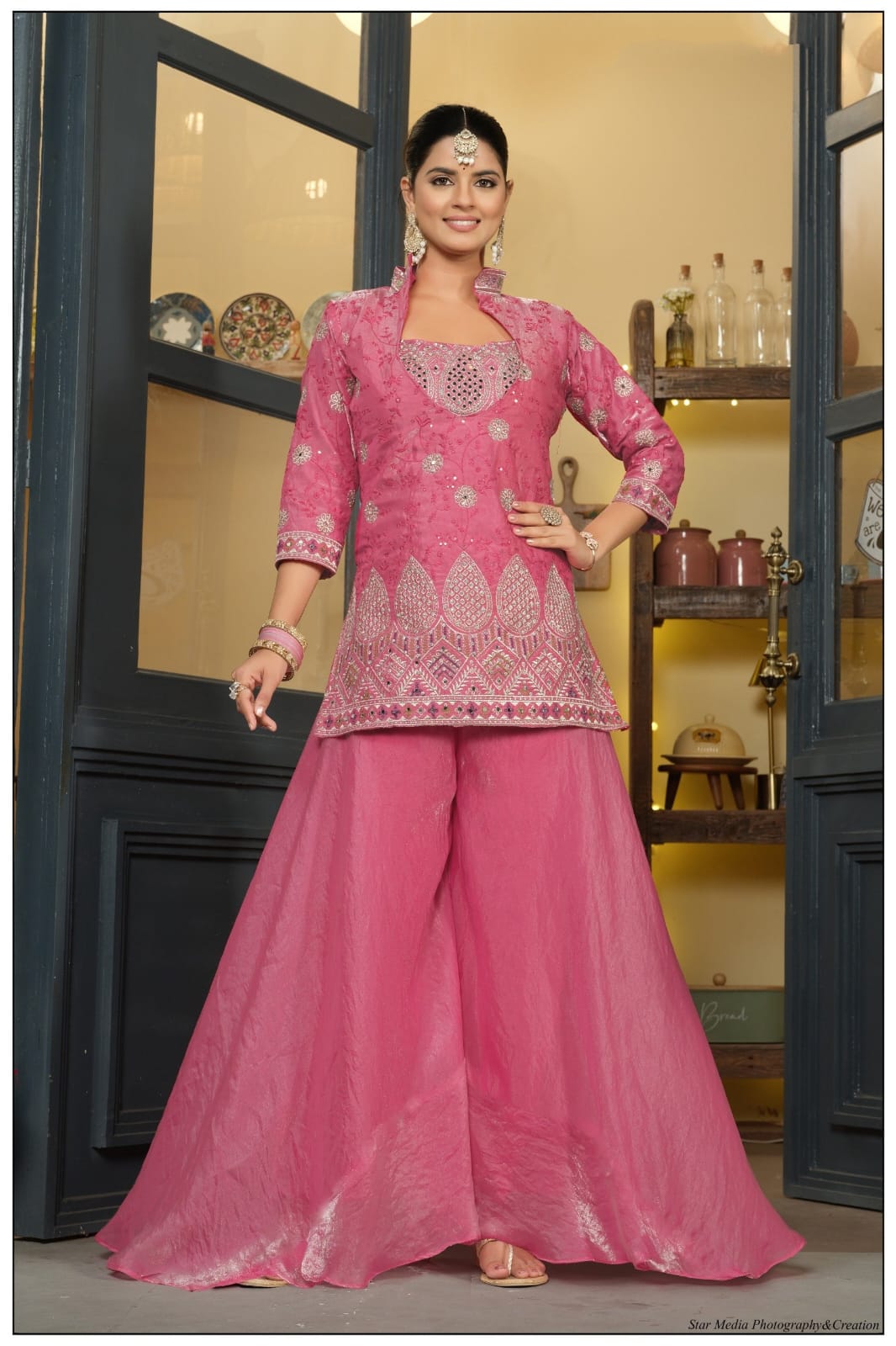 ROSE PINK EMBROIDERED SHORT KURTI SHARARA SET