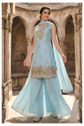 ICE BLUE EMBROIDERED KURTI SHARARA SET