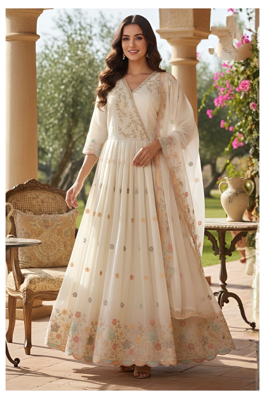 OFF WHITE BLOOM EMBROIDERED GOWN SET