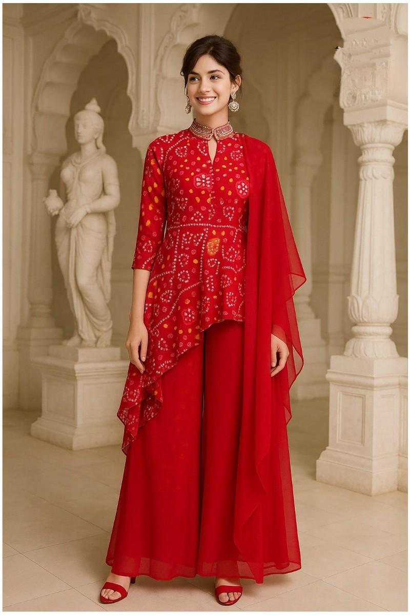 RED BANDHANI PRINTED KURTI PALAZO SET