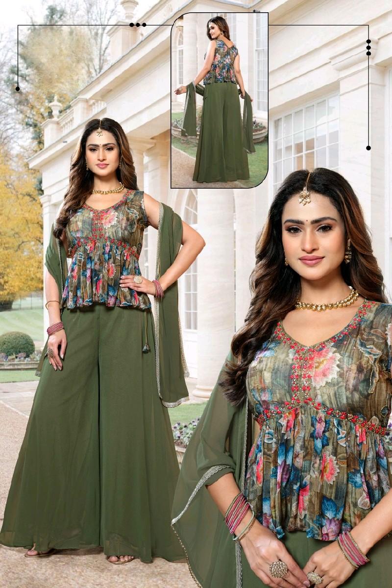 OLIVE GREEN FLORAL TOP AND PALAZO SET