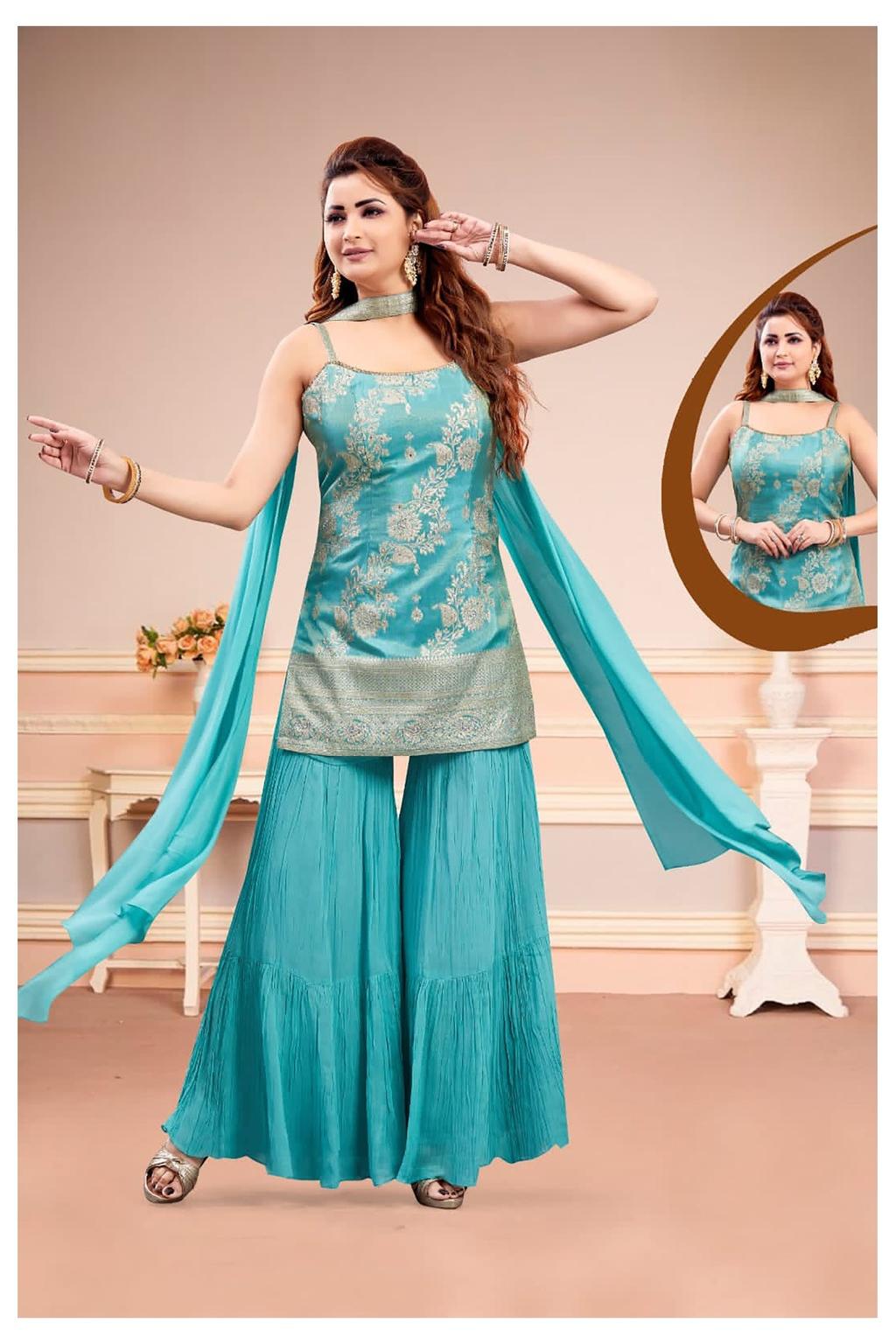AQUA BLUE EMBROIDERED KURTI SHARARA SET