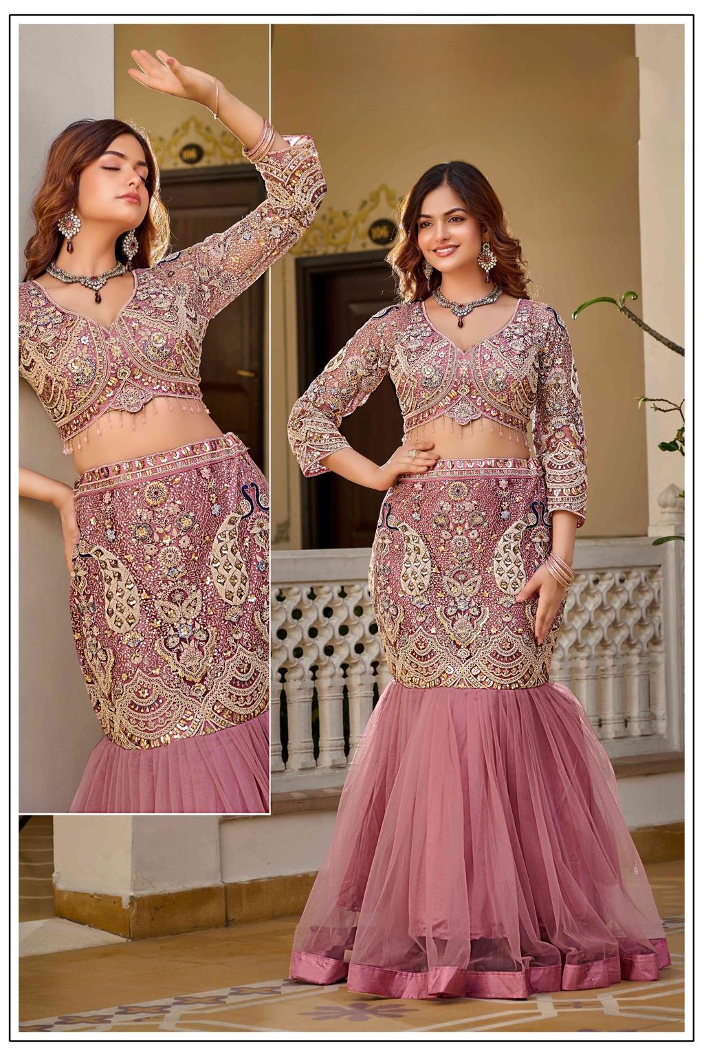 ROSE PINK EMBROIDERED FISH CUT CROP TOP SET