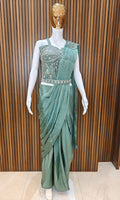 SAGE GREEN EMBROIDERED PRE-DRAPED SAREE SET