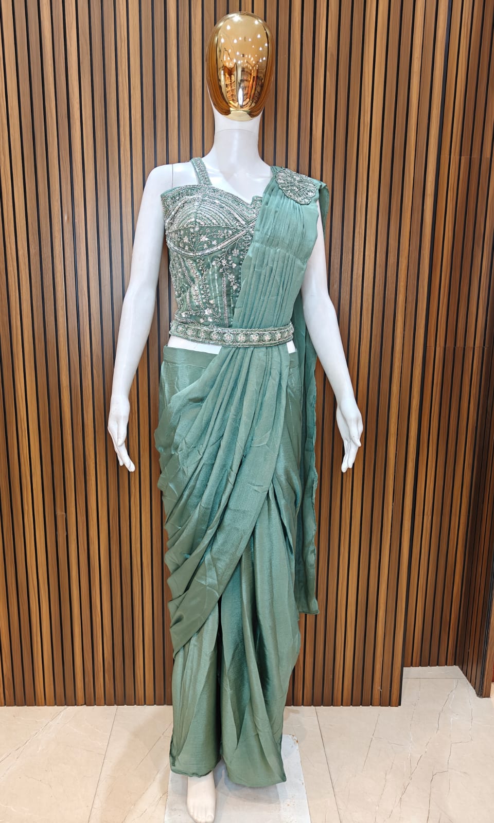 SAGE GREEN EMBROIDERED PRE-DRAPED SAREE SET