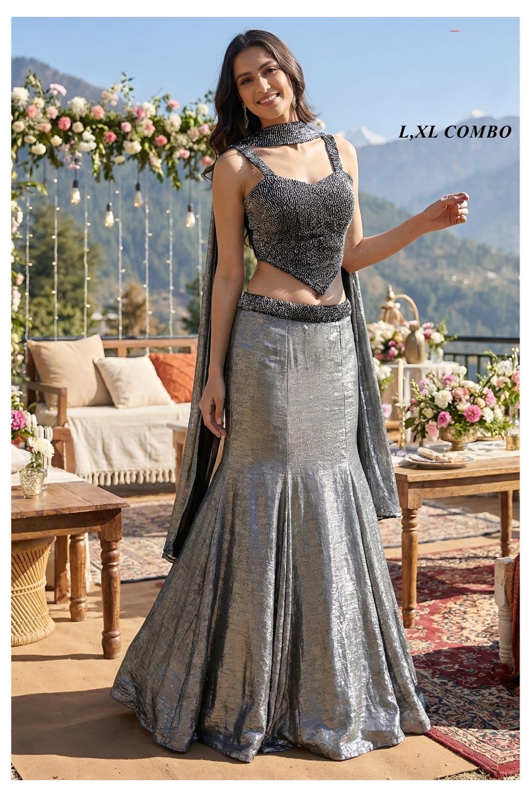 GUNMETAL GREY SHIMMER LEHENGA SET WITH DUPATTA