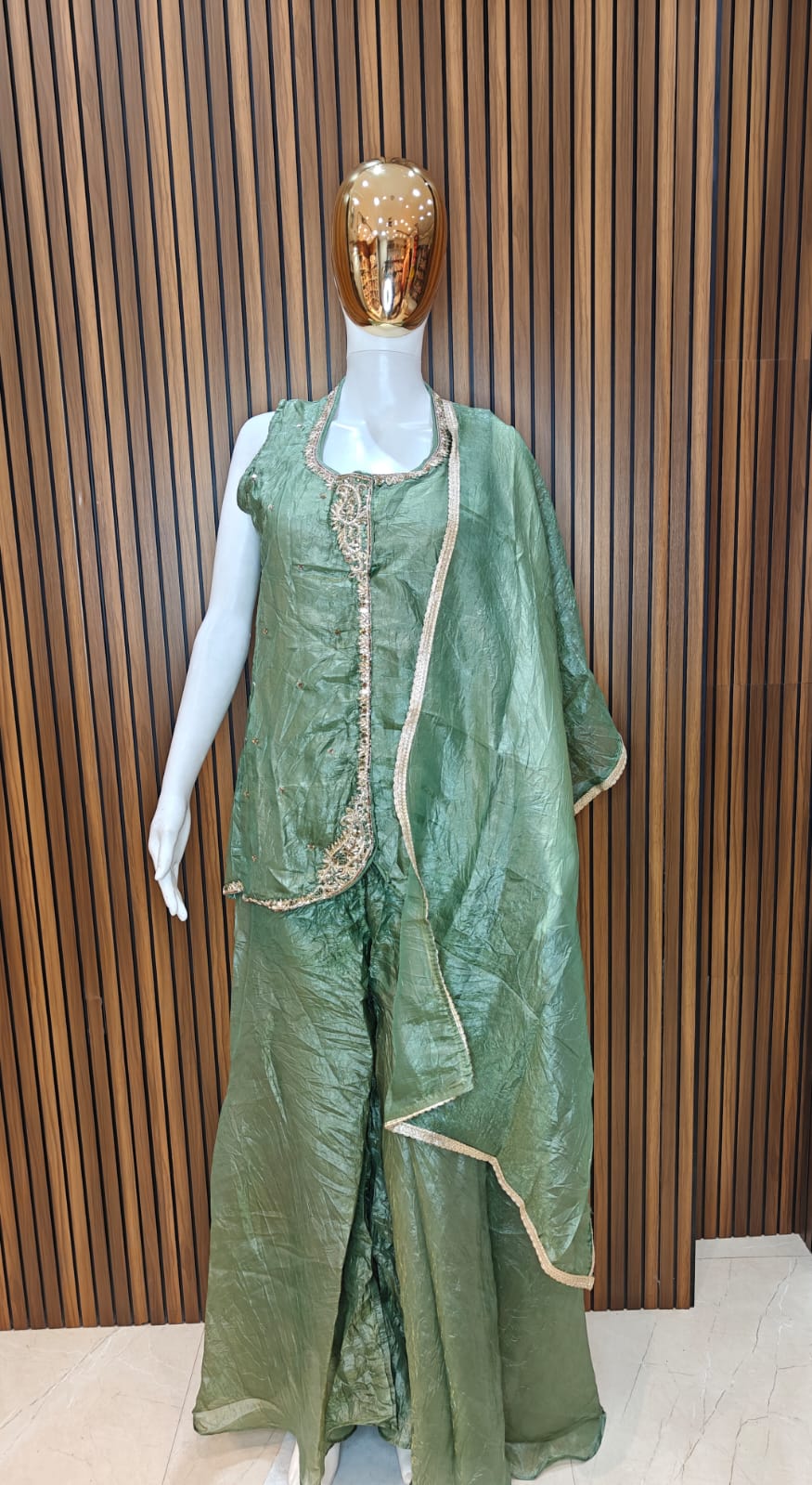 PISTA GREEN SILK BLEND KURTI PLAZO SET WITH DUPATTA