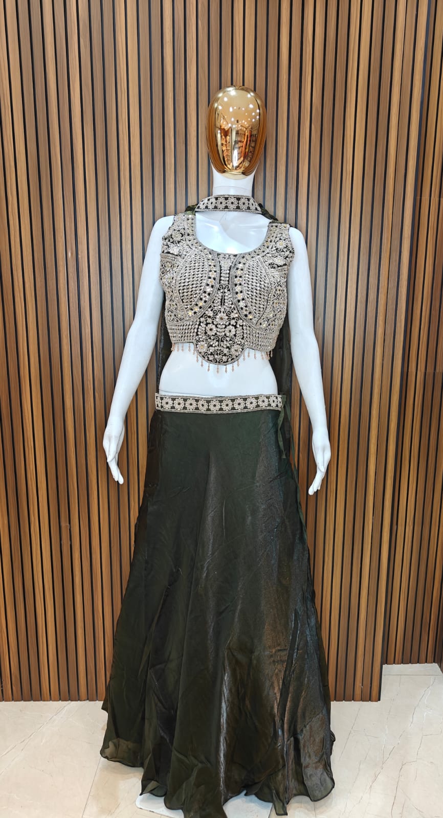 DARK GREEN OLIVE EMBROIDERED LEHENGA BLOUSE DUPATTA SET