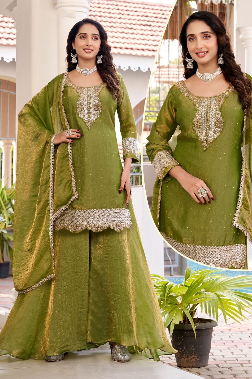 MEHNDI GREEN EMBROIDERED KURTA PLAZO SET WITH DUPATTA