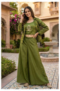 MOSS GREEN CROP TOP PLAZO SET WITH PRINTED JACKET