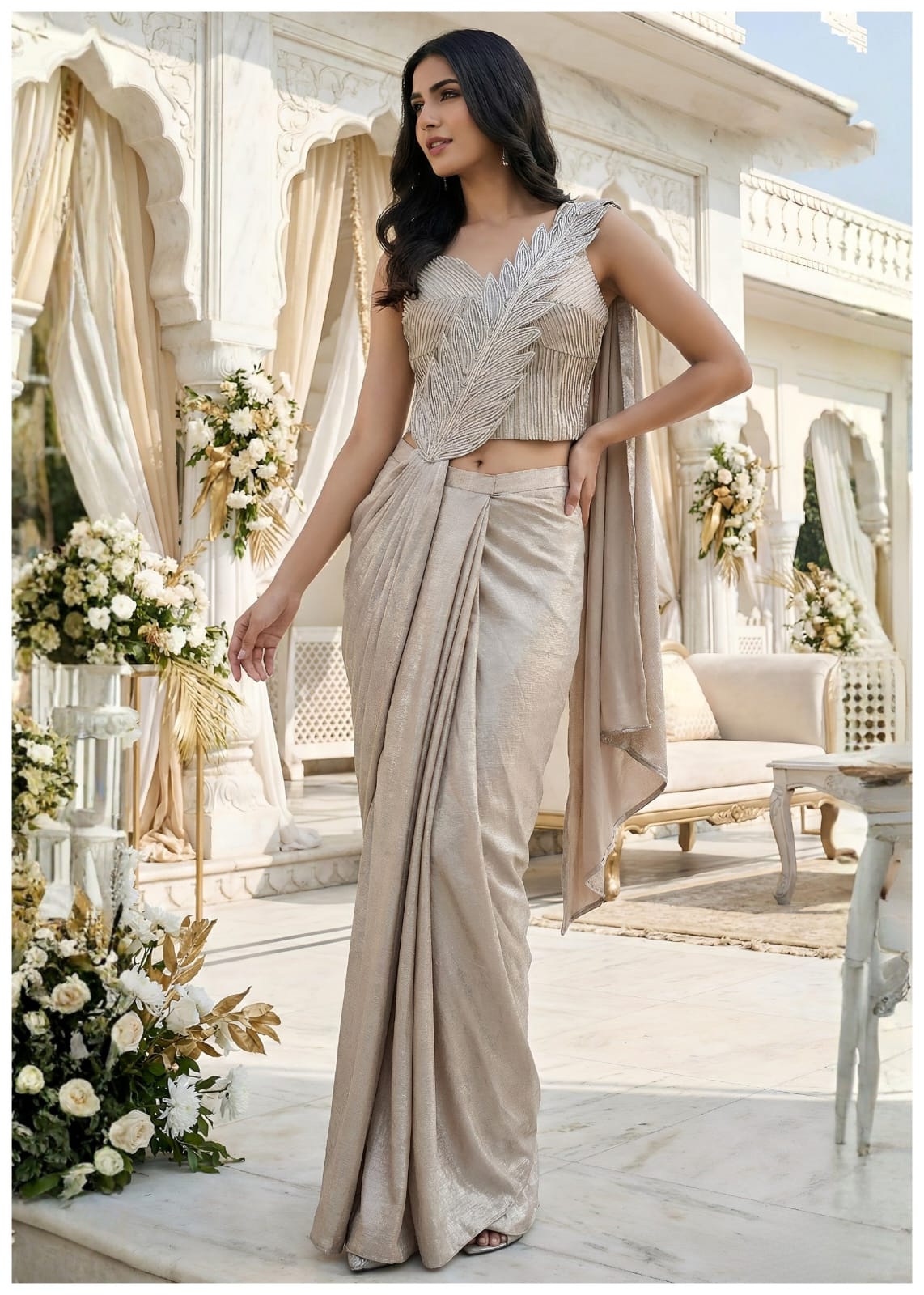 BEIGE EMBELLISHED PRE-DRAPED SAREE SET
