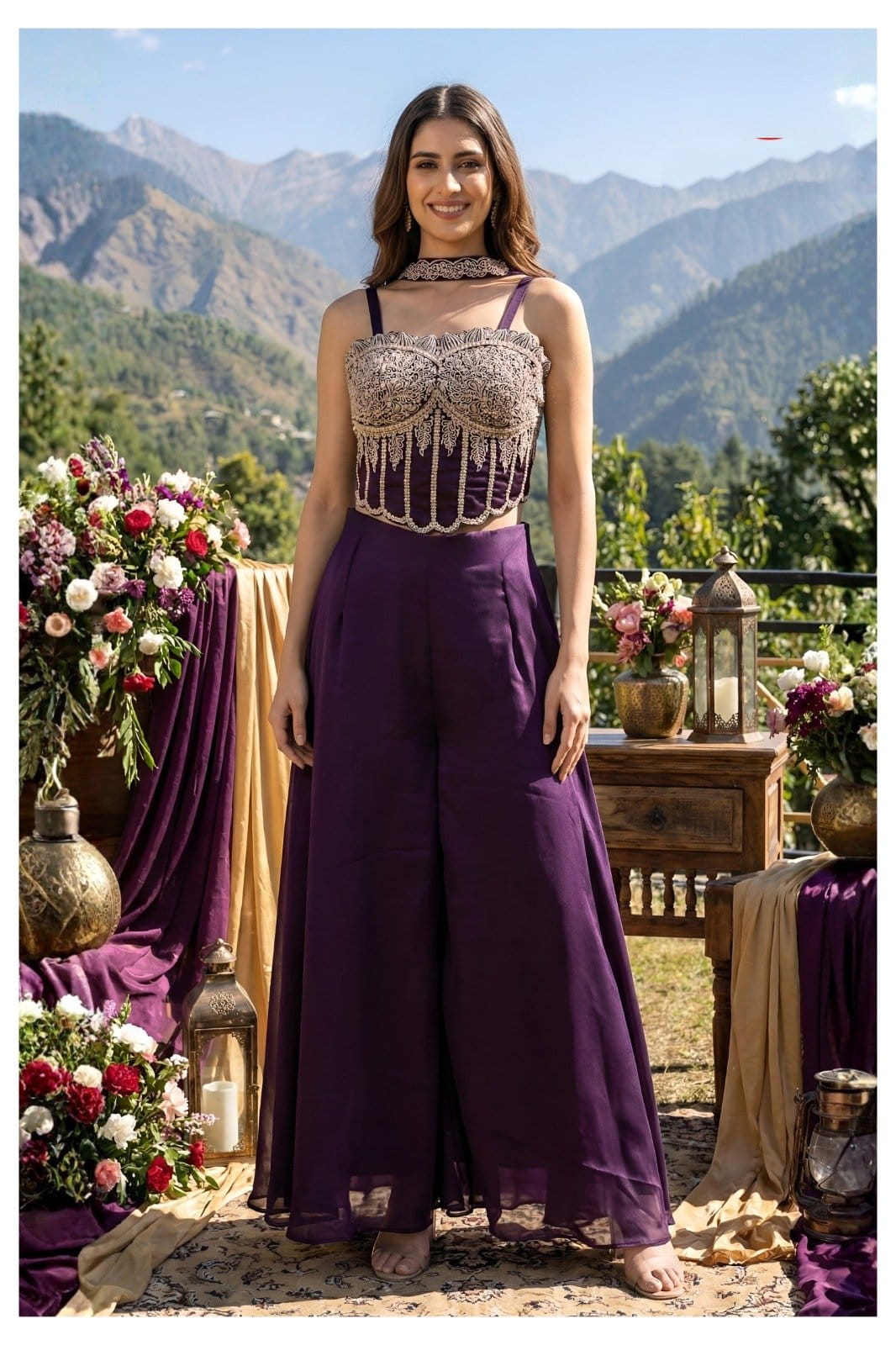ROYAL PURPLE EMBROIDERED CROP TOP PALAZO SET