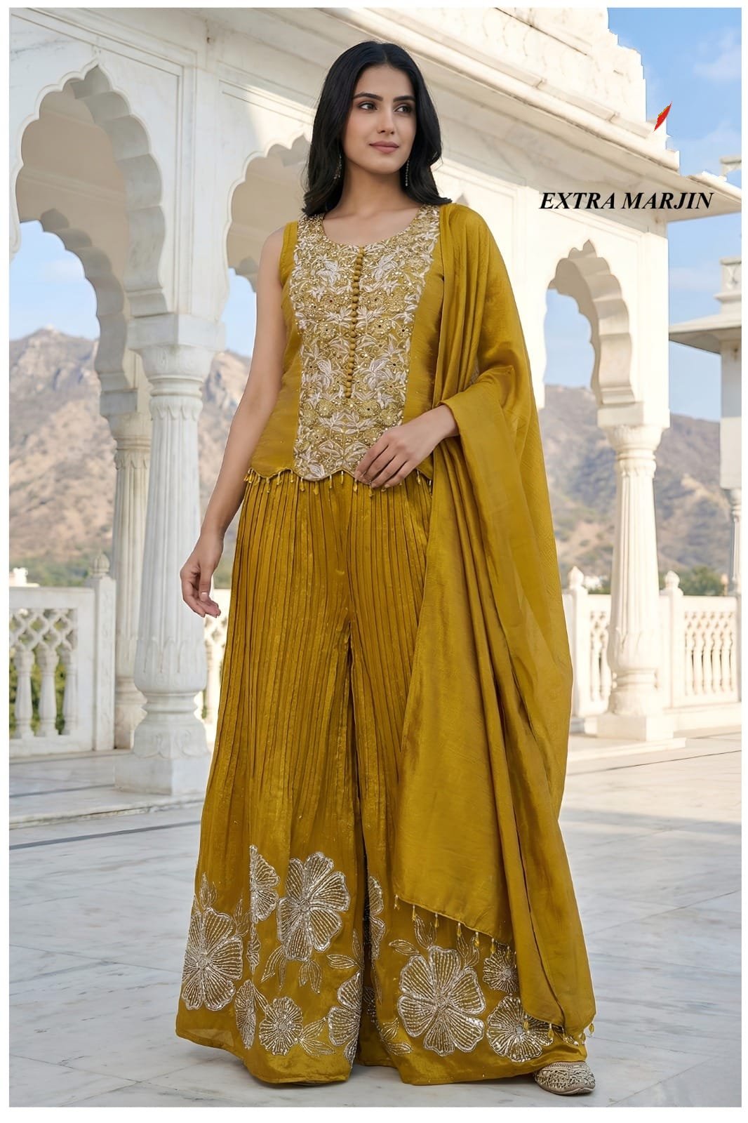 MUSTARD YELLOW EMBROIDERED KURTA PLAZO SET WITH DUPATTA